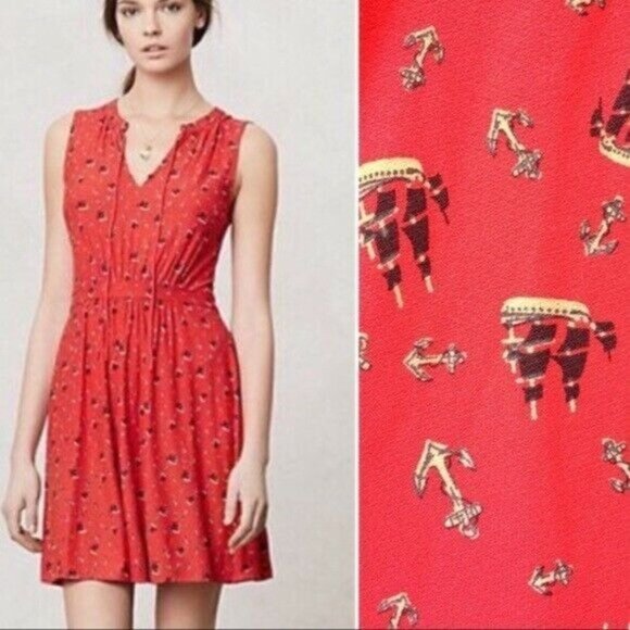 Anthropologie Leifnotes Red Nautical Anchor Print Sleeveless Short Dress Size XS - Picture 3 of 12
